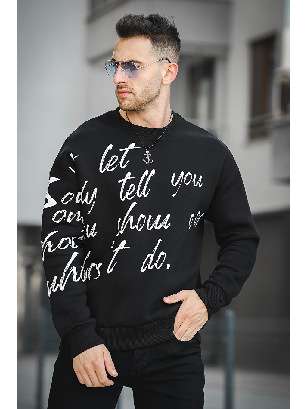 Siyah Üç İplik Şardonlu Baskılı Bisiklet Yaka Erkek Sweatshirt-1