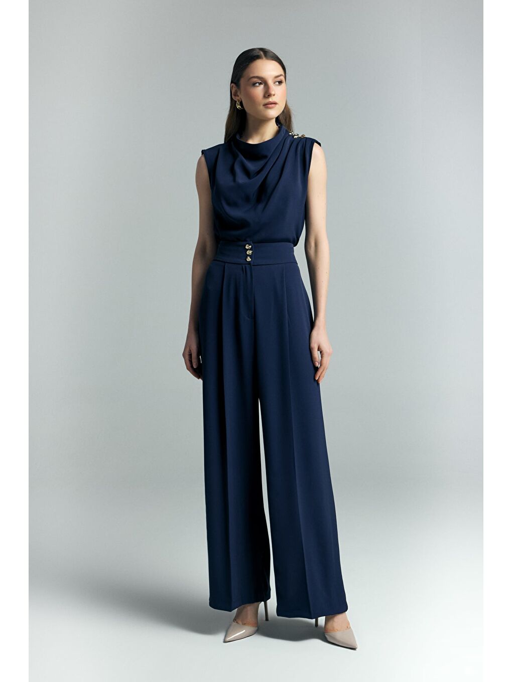 Talia Düğme Detaylı Pantolon - Lacivert-2