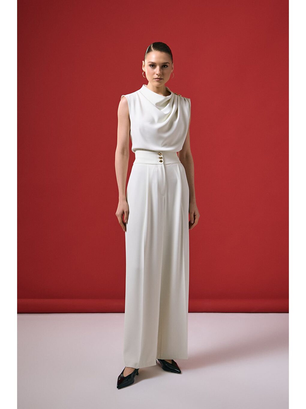 Talia Düğme Detaylı Pantolon - Ekru-3