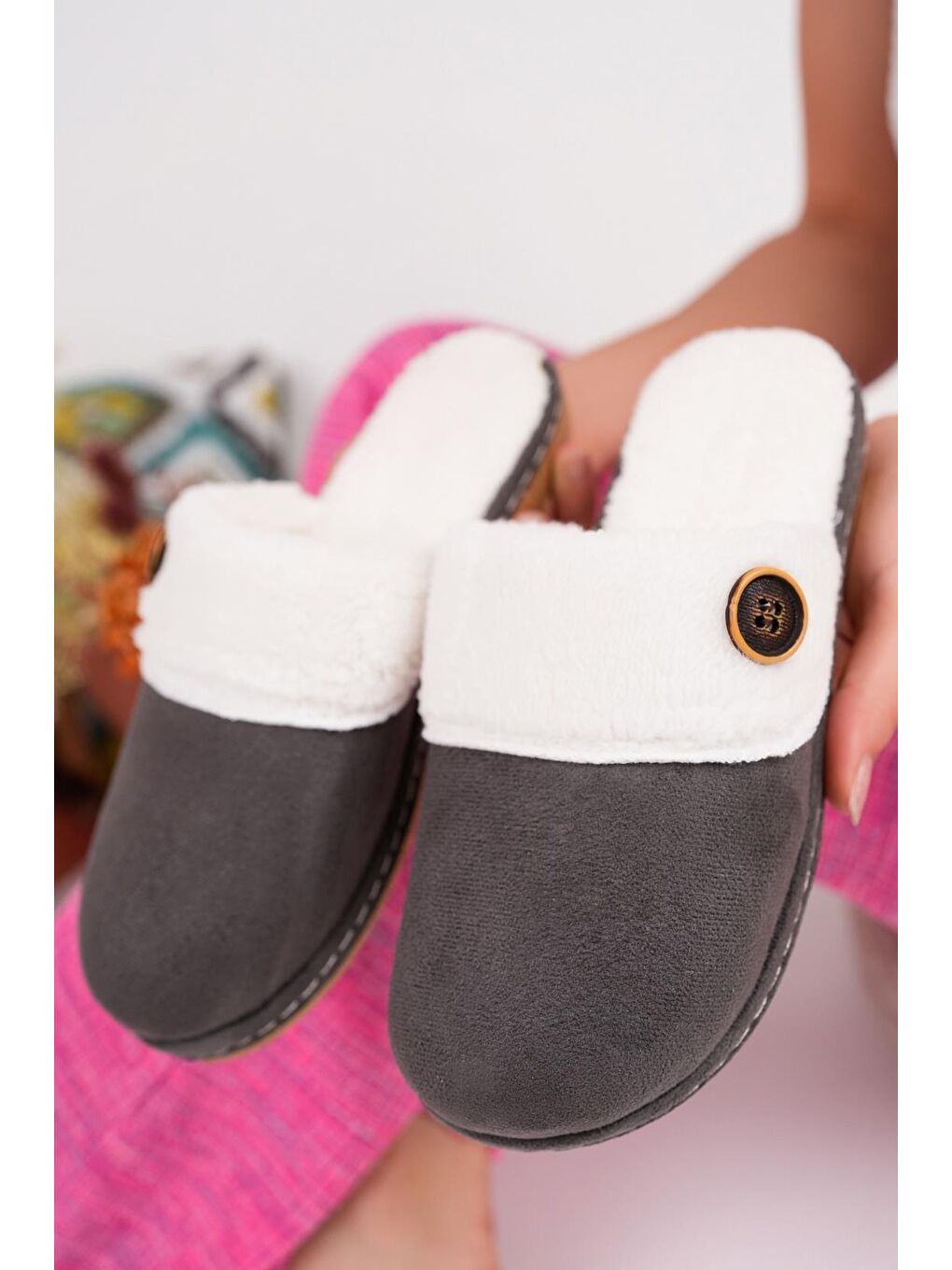 Gri CARMEN Kadın Ev Terliği Kışlık Topuklu Terlik-2