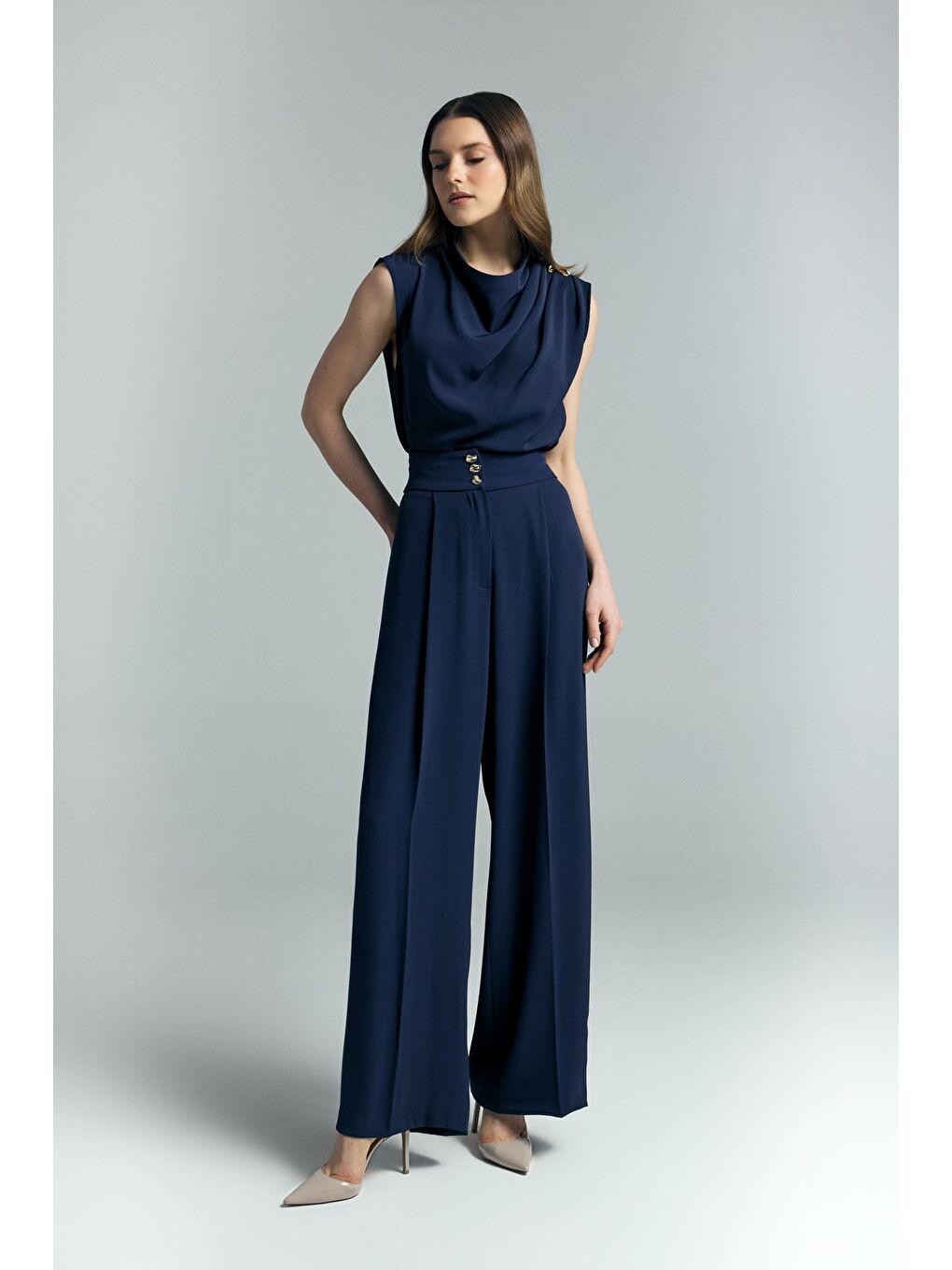 Talia Düğme Detaylı Pantolon - Lacivert-3