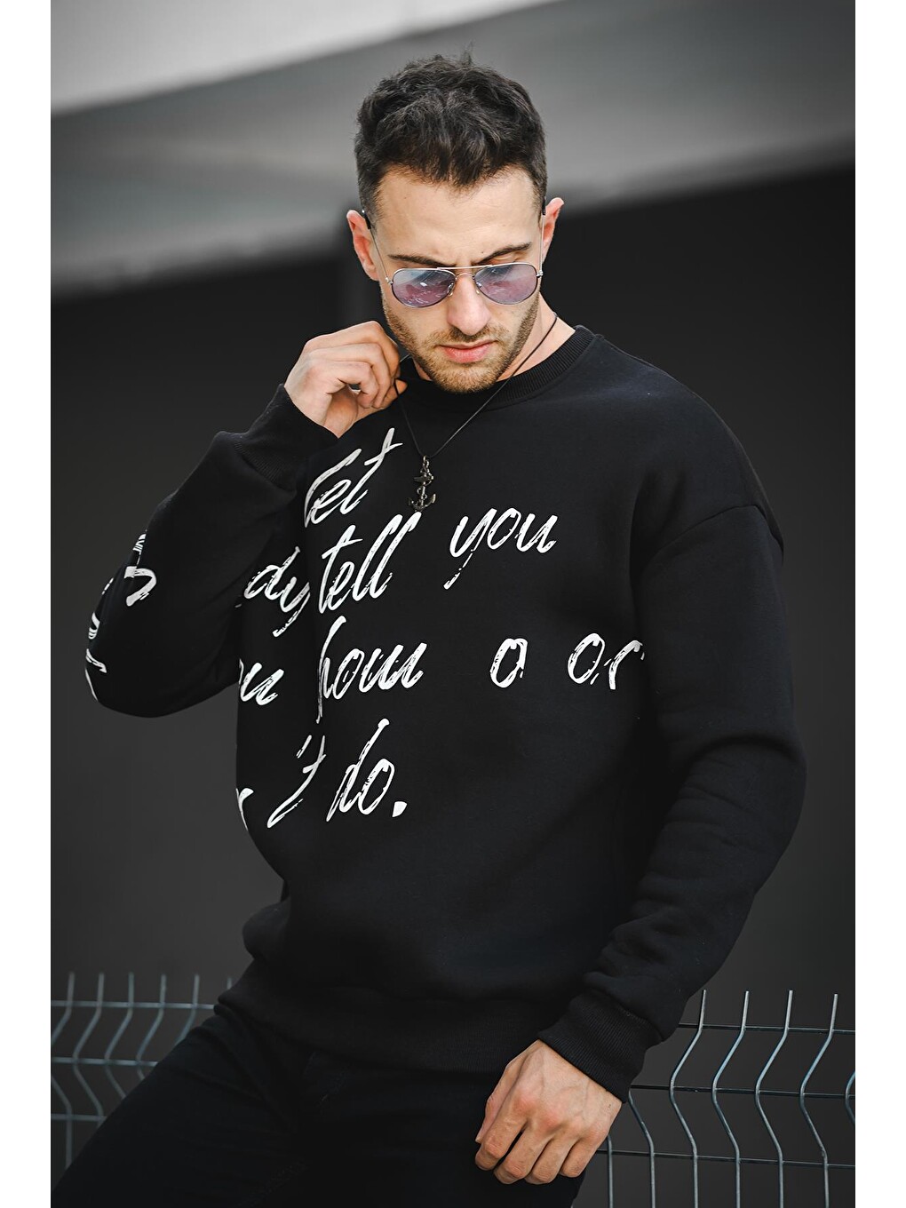Siyah Üç İplik Şardonlu Baskılı Bisiklet Yaka Erkek Sweatshirt-2