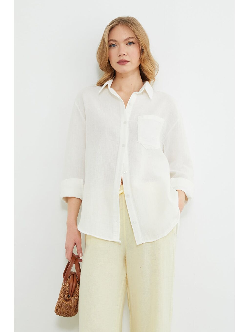 Ekru Tek Cepli Müslin Kumaş Salaş Gömlek