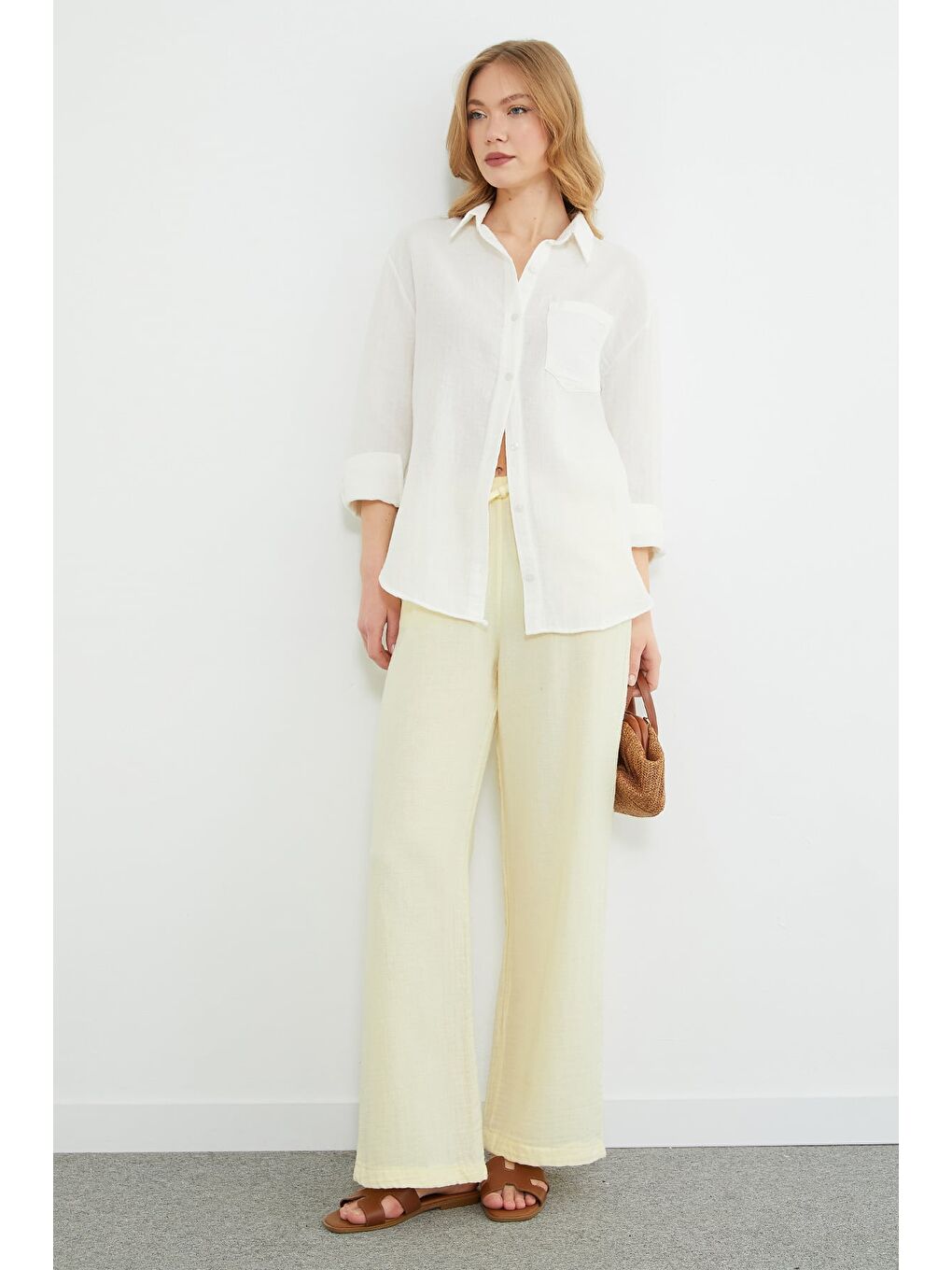 Ekru Tek Cepli Müslin Kumaş Salaş Gömlek-1