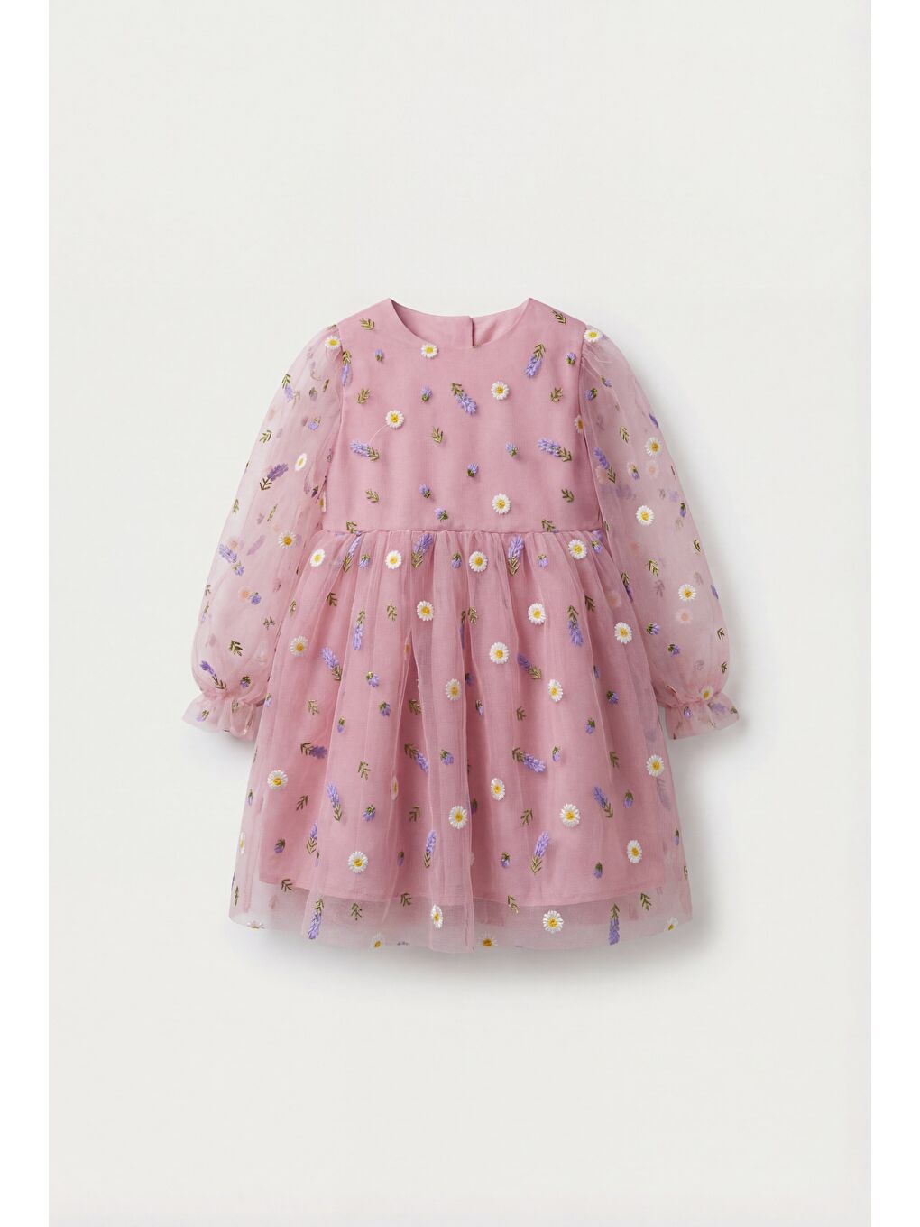 Kız Çocuk Pamuklu Pembe Çiçek Nakışlı Tül Elbise - Uzun Kollu Tasarım