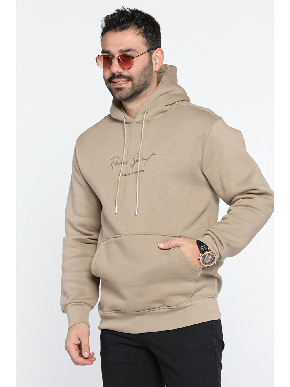 Mishar İtalia Bej Üç İplik Şardonlu Kanguru Cepli Erkek Sweatshirt