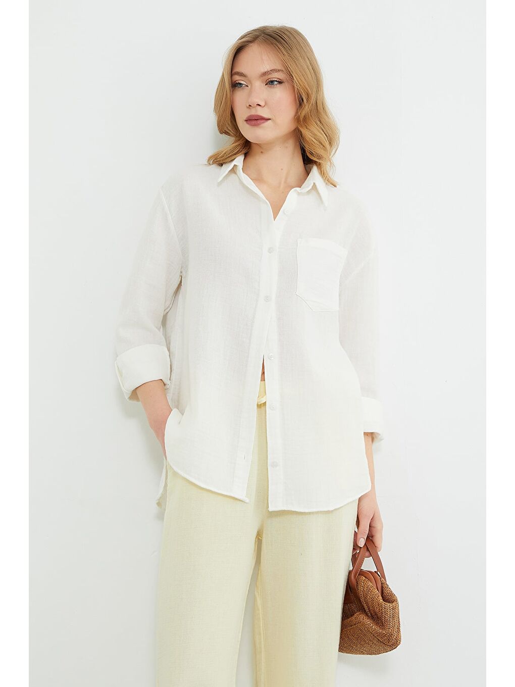 Ekru Tek Cepli Müslin Kumaş Salaş Gömlek-2