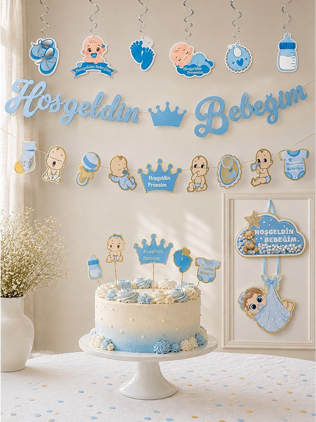 Mavi Hoşgeldin Bebeğim Parti Seti Erkek Bebek Baby Shower Parti Süsleri
