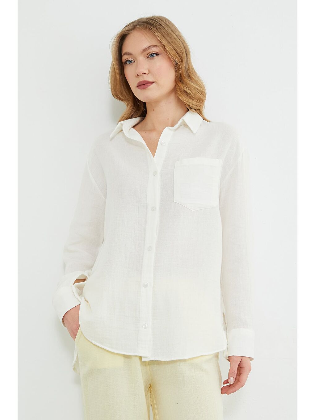 Ekru Tek Cepli Müslin Kumaş Salaş Gömlek-3