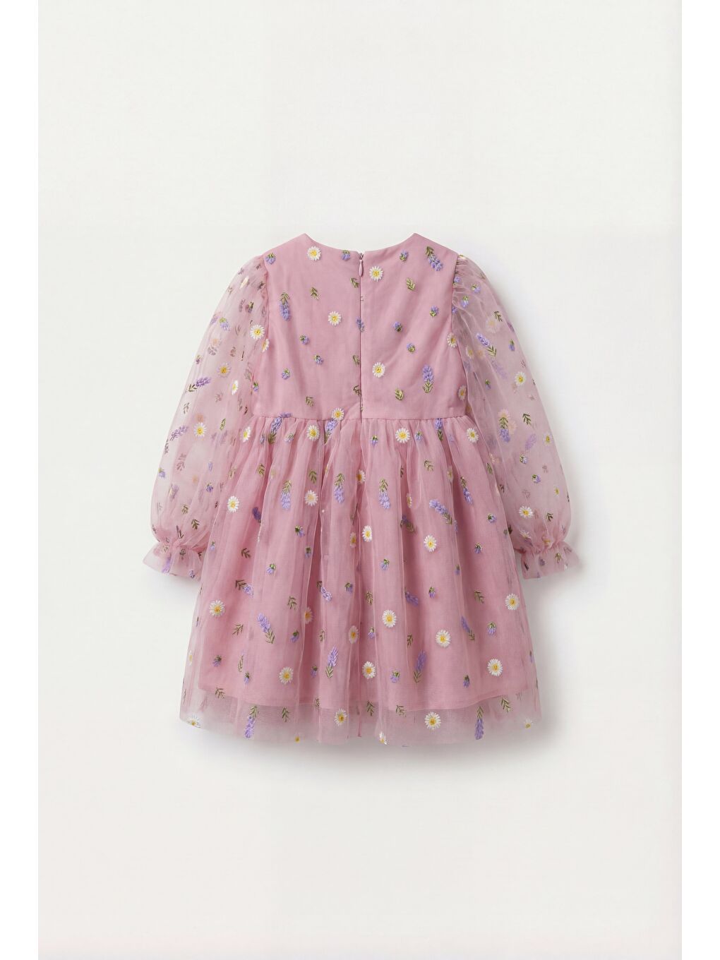 Kız Çocuk Pamuklu Pembe Çiçek Nakışlı Tül Elbise - Uzun Kollu Tasarım-1