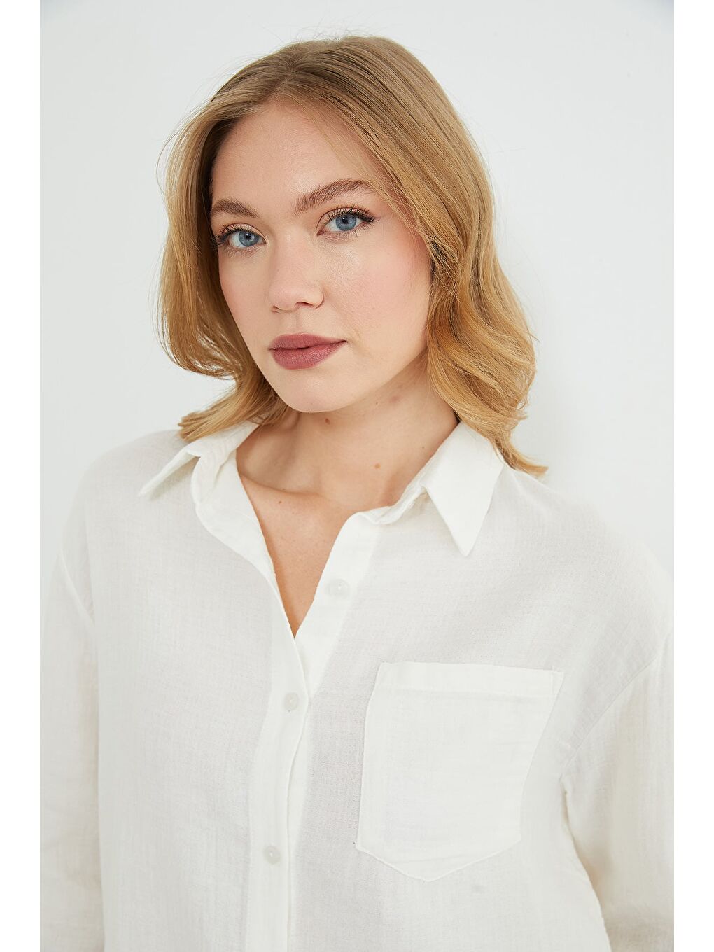 Ekru Tek Cepli Müslin Kumaş Salaş Gömlek-4