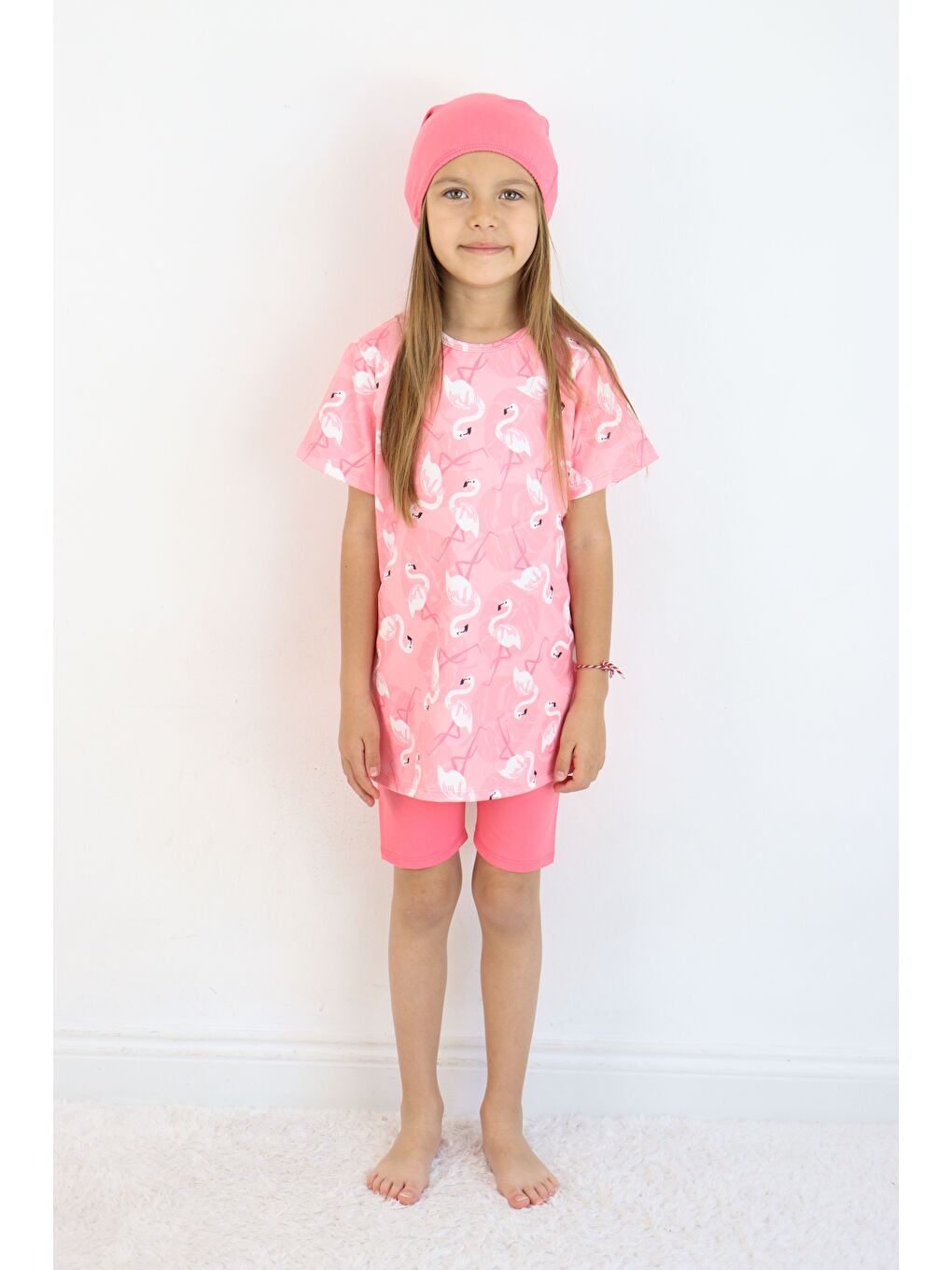 Pembe Kız Çocuk Bisiklet Yaka Etekli Mayo ve Tayt Bone