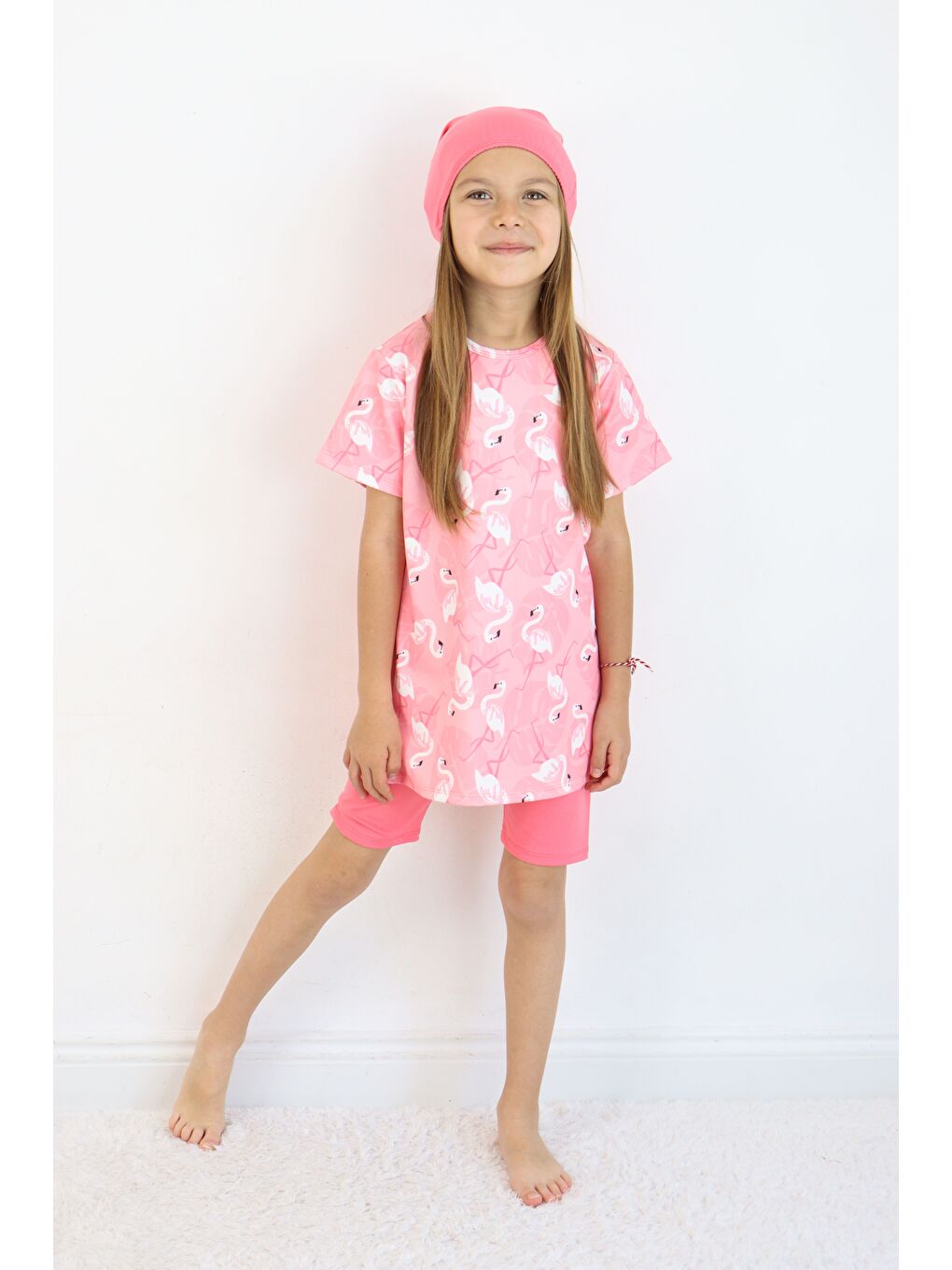 Pembe Kız Çocuk Bisiklet Yaka Etekli Mayo ve Tayt Bone-1