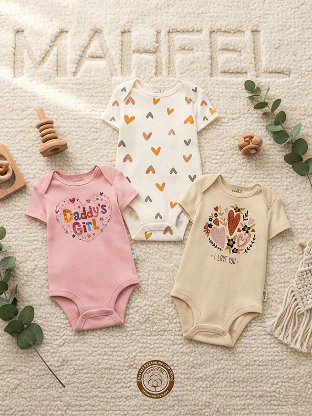 Kırmızı 3'Lü %100 Pamuklu Organik Baskılı Kısa Kollu Çıtçıtlı Bebek Body Zıbın 768-515-2