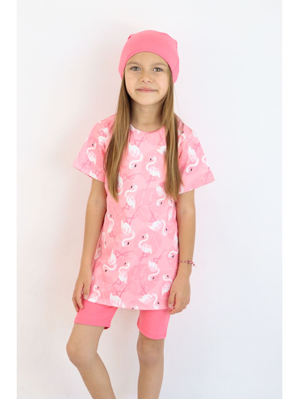 Pembe Kız Çocuk Bisiklet Yaka Etekli Mayo ve Tayt Bone-2