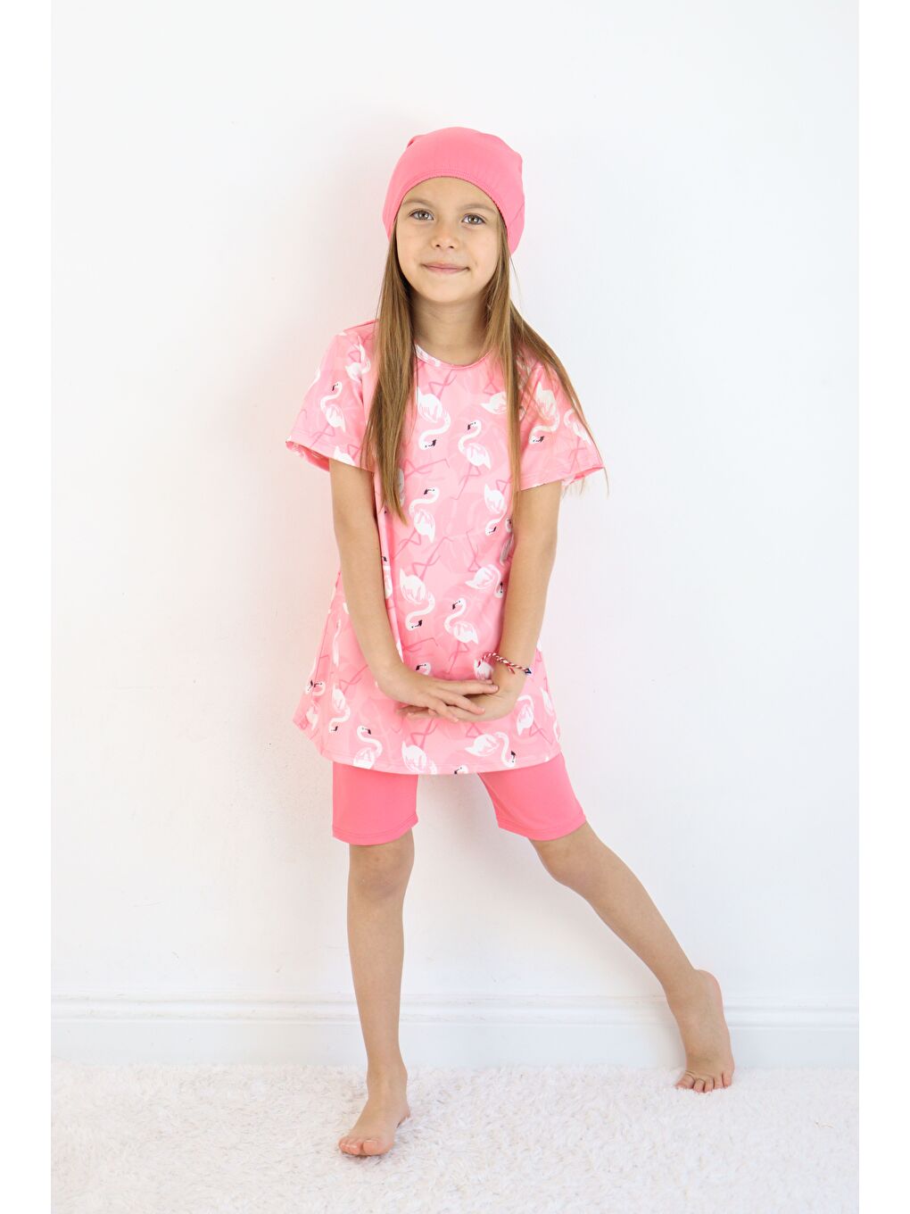 Pembe Kız Çocuk Bisiklet Yaka Etekli Mayo ve Tayt Bone-3