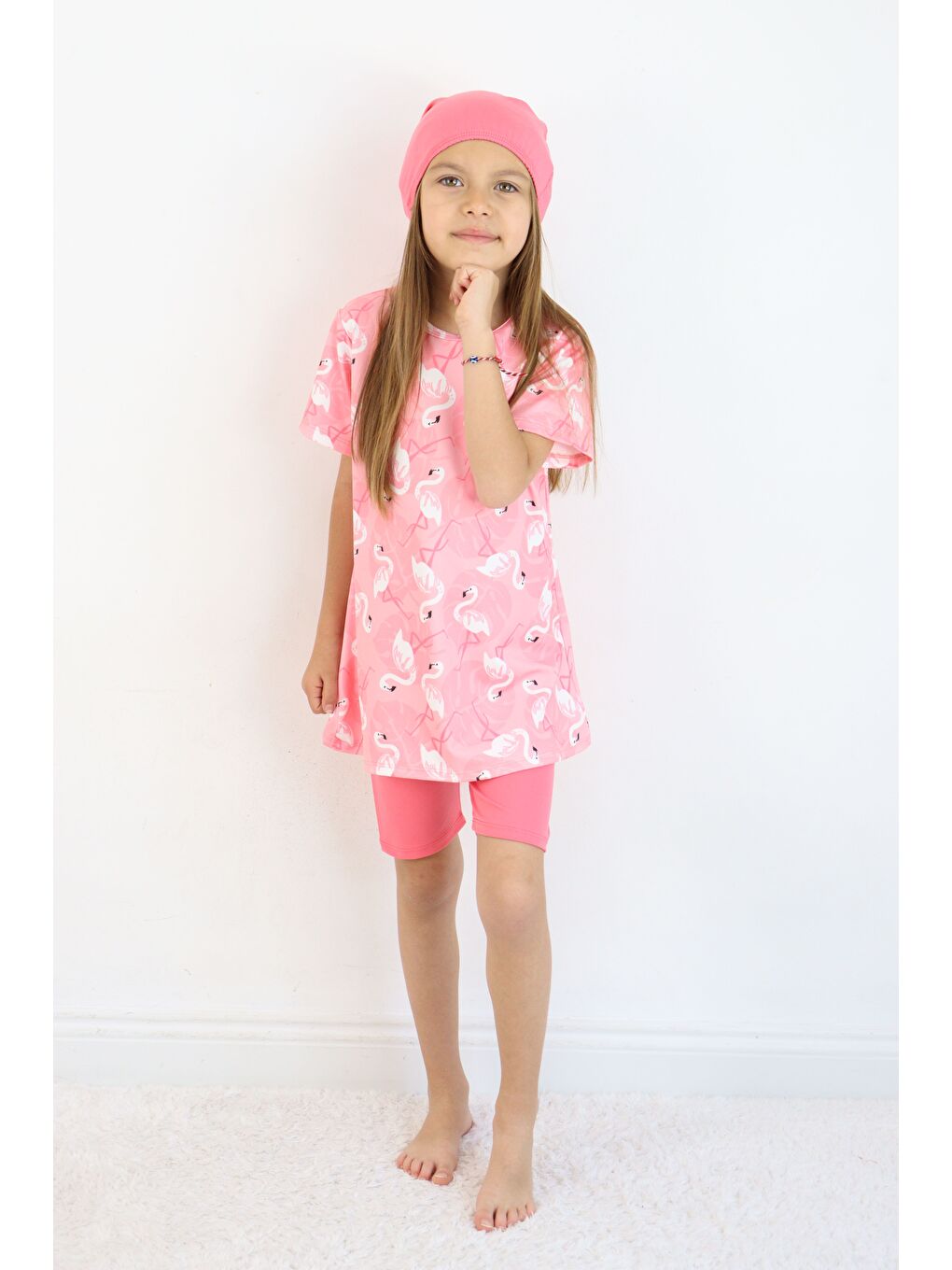 Pembe Kız Çocuk Bisiklet Yaka Etekli Mayo ve Tayt Bone-5