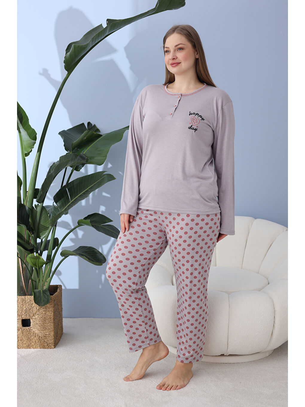 Gri %100 Pamuklu Mevsimlik Kumaş Büyük Beden Kadın Pijama Takımı 30101-1