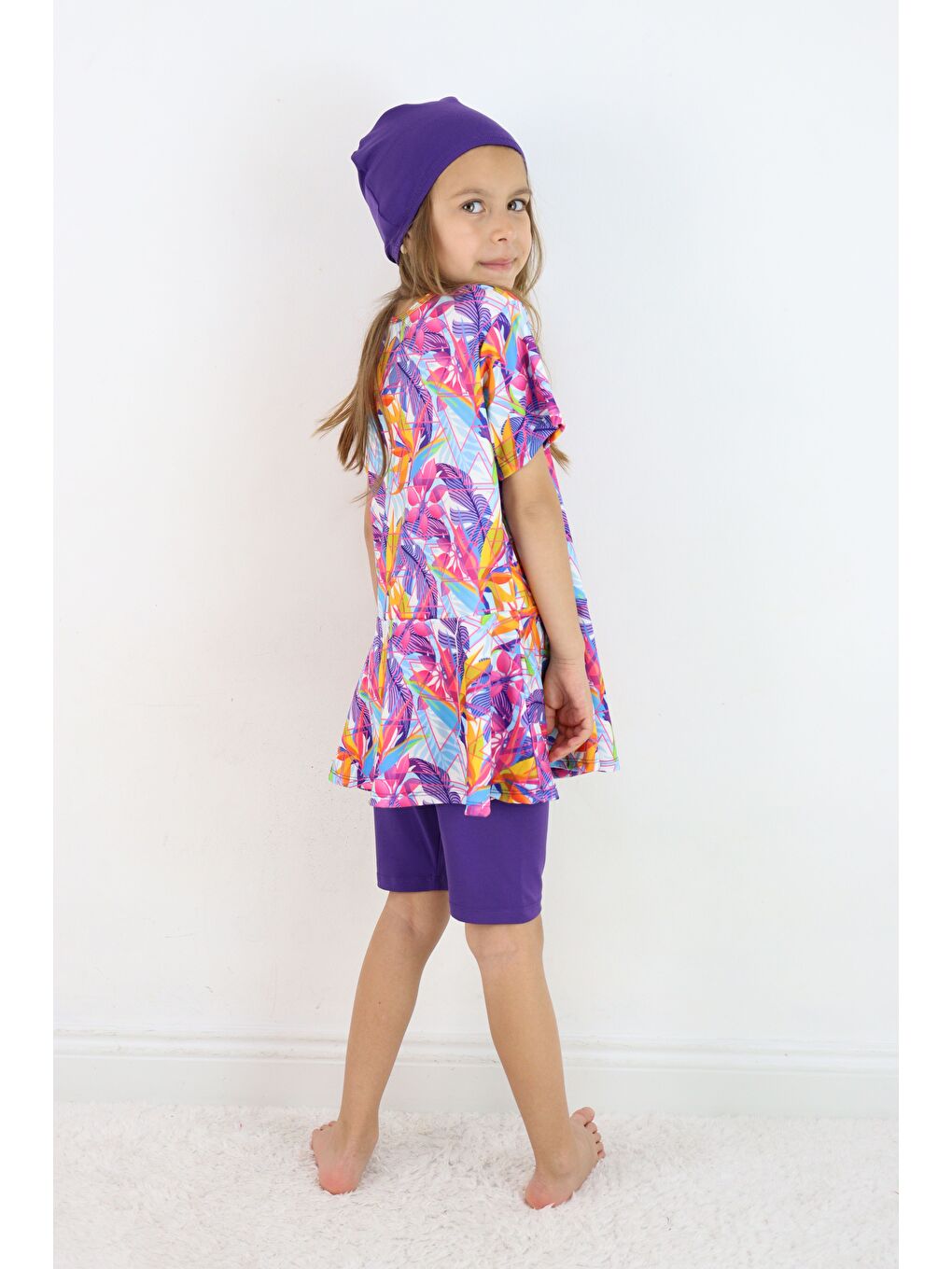 Mor Kız Çocuk Bisiklet Yaka Etekli Mayo ve Tayt Bone-1