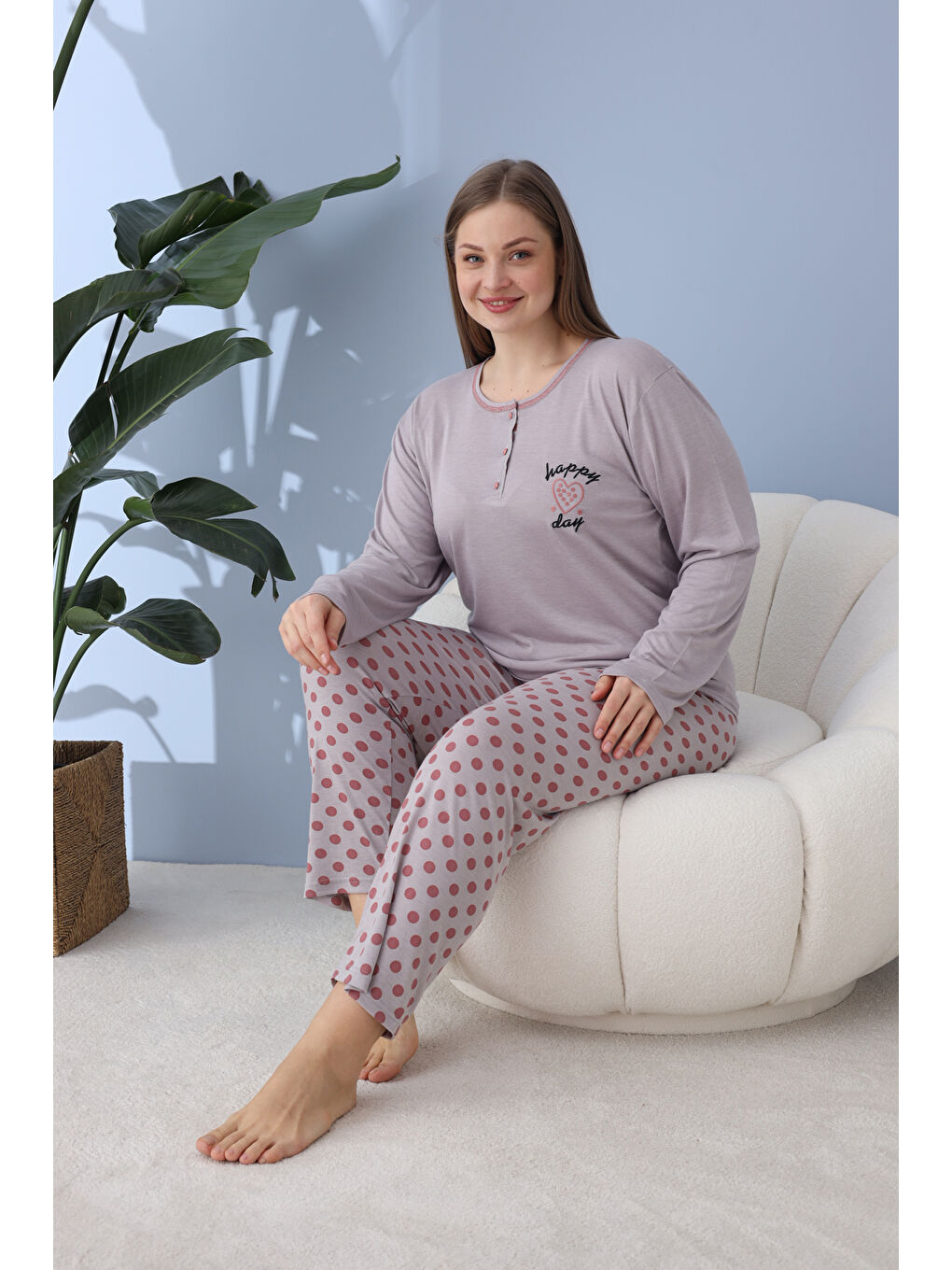 Gri %100 Pamuklu Mevsimlik Kumaş Büyük Beden Kadın Pijama Takımı 30101-2