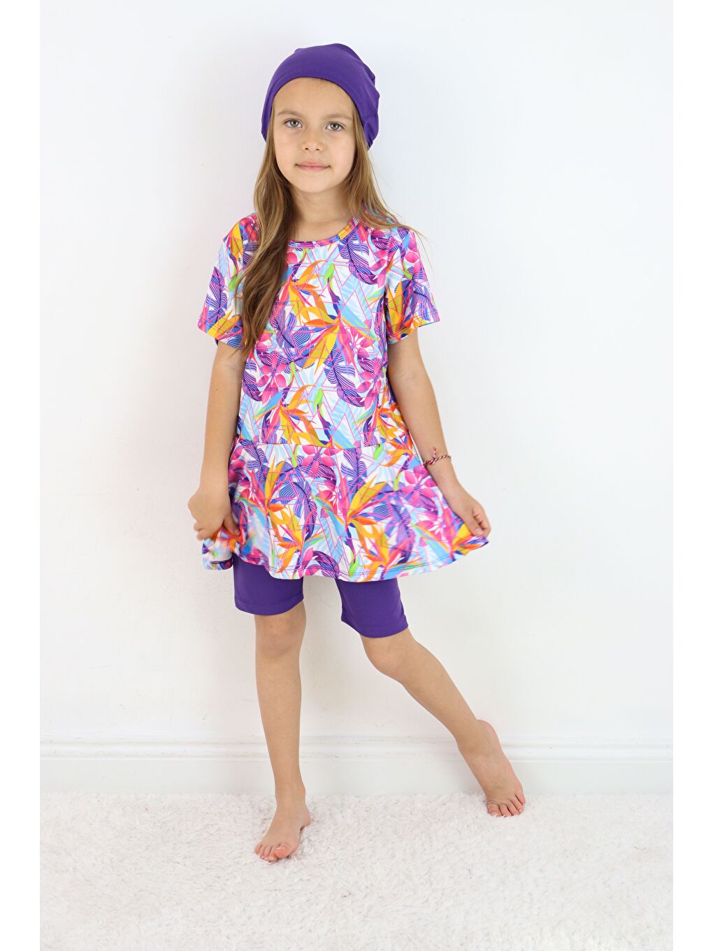 Mor Kız Çocuk Bisiklet Yaka Etekli Mayo ve Tayt Bone-2