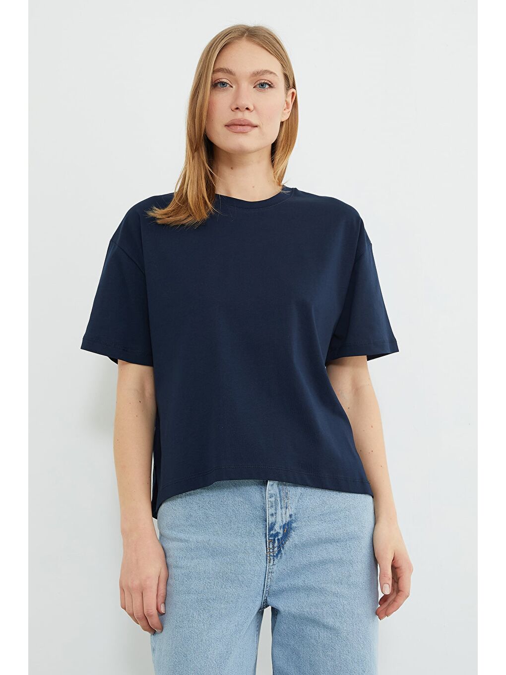 Lacivert Basic Bisiklet Yaka Crop Tişört-1