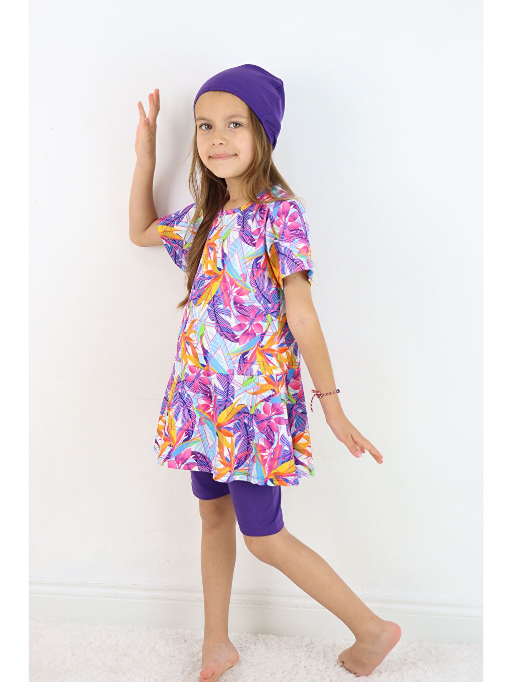 Mor Kız Çocuk Bisiklet Yaka Etekli Mayo ve Tayt Bone-3