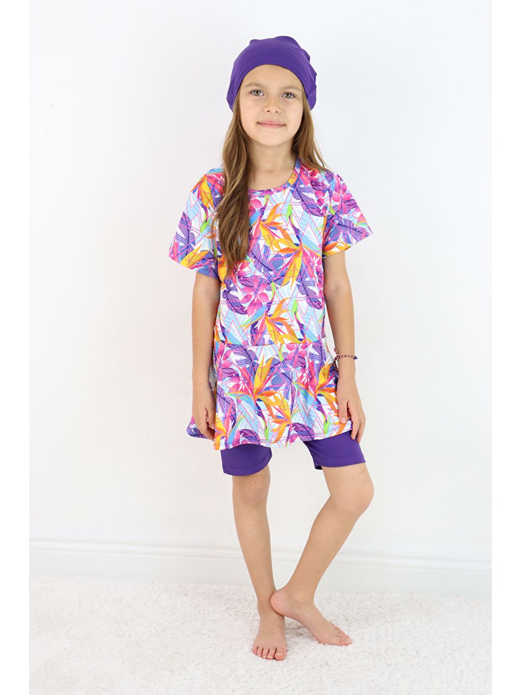 Mor Kız Çocuk Bisiklet Yaka Etekli Mayo ve Tayt Bone-4