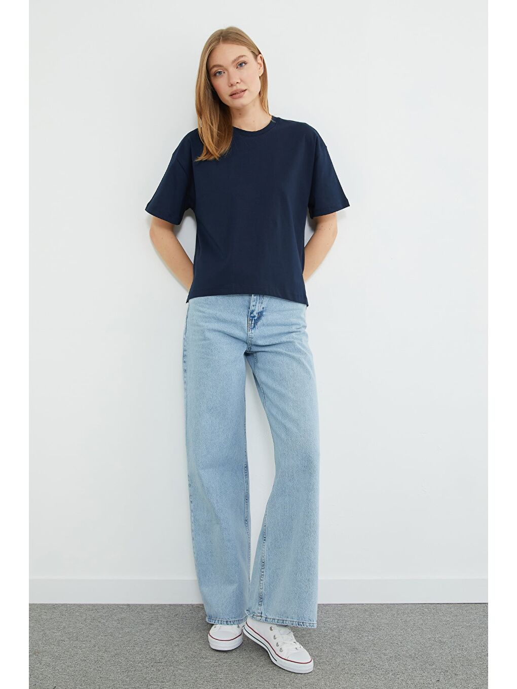 Lacivert Basic Bisiklet Yaka Crop Tişört-2