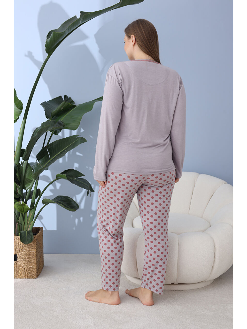 Gri %100 Pamuklu Mevsimlik Kumaş Büyük Beden Kadın Pijama Takımı 30101-3