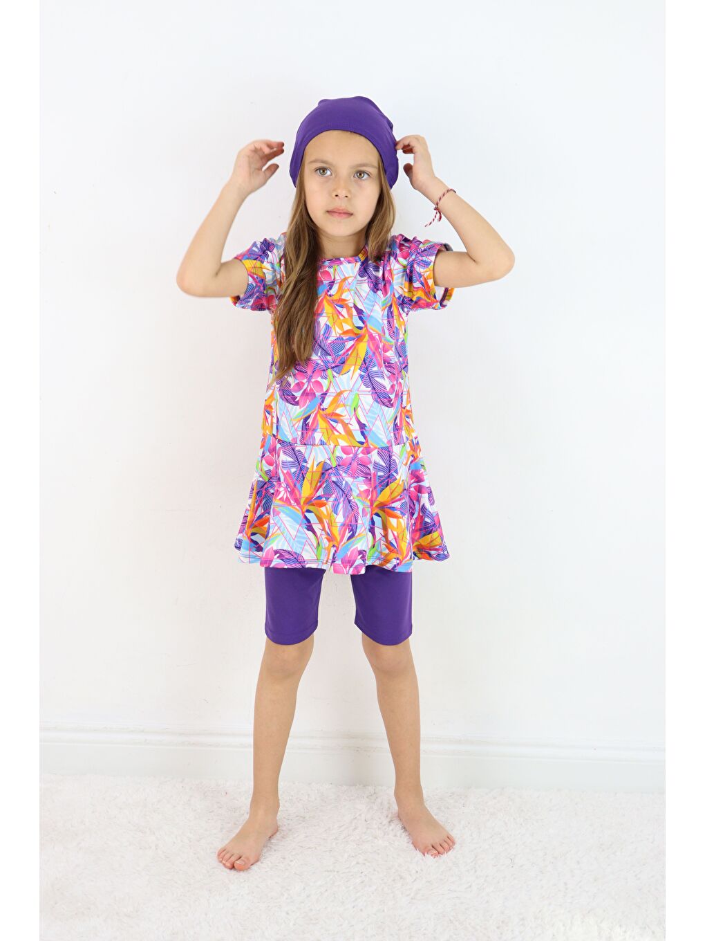 Mor Kız Çocuk Bisiklet Yaka Etekli Mayo ve Tayt Bone-5