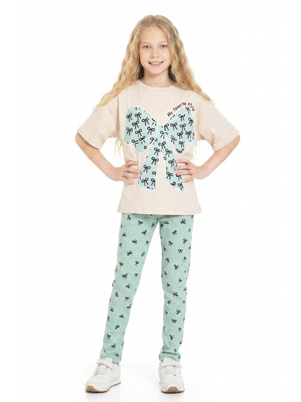 Yeşil Kız Çocuk Fiyonk Baskılı-Taytlı Alt-Üst Takım 3-10 Yaş 12552