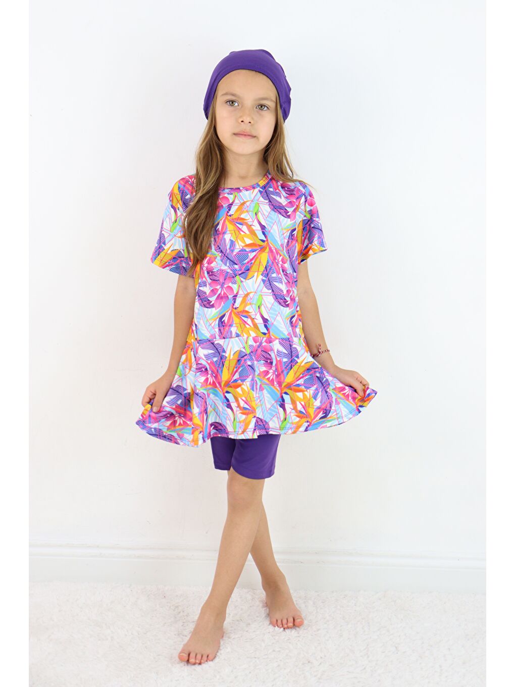 Mor Kız Çocuk Bisiklet Yaka Etekli Mayo ve Tayt Bone-6