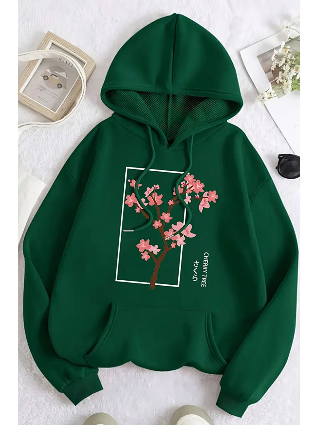 uyguntarz Yeşil Cherry Tree Baskılı Oversize Sweatshirt