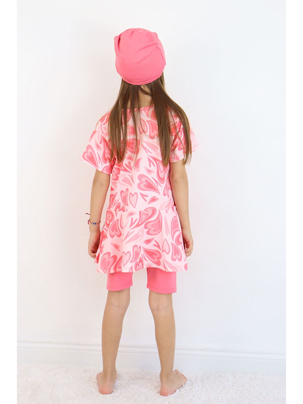 Pembe Kız Çocuk Bisiklet Yaka Etekli Mayo ve Tayt Bone-1