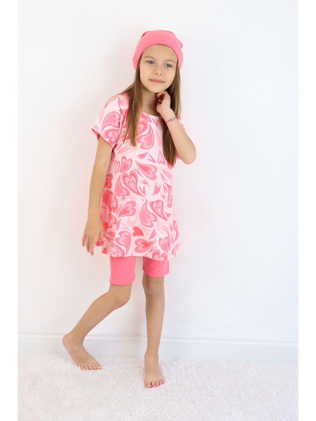 Pembe Kız Çocuk Bisiklet Yaka Etekli Mayo ve Tayt Bone-2