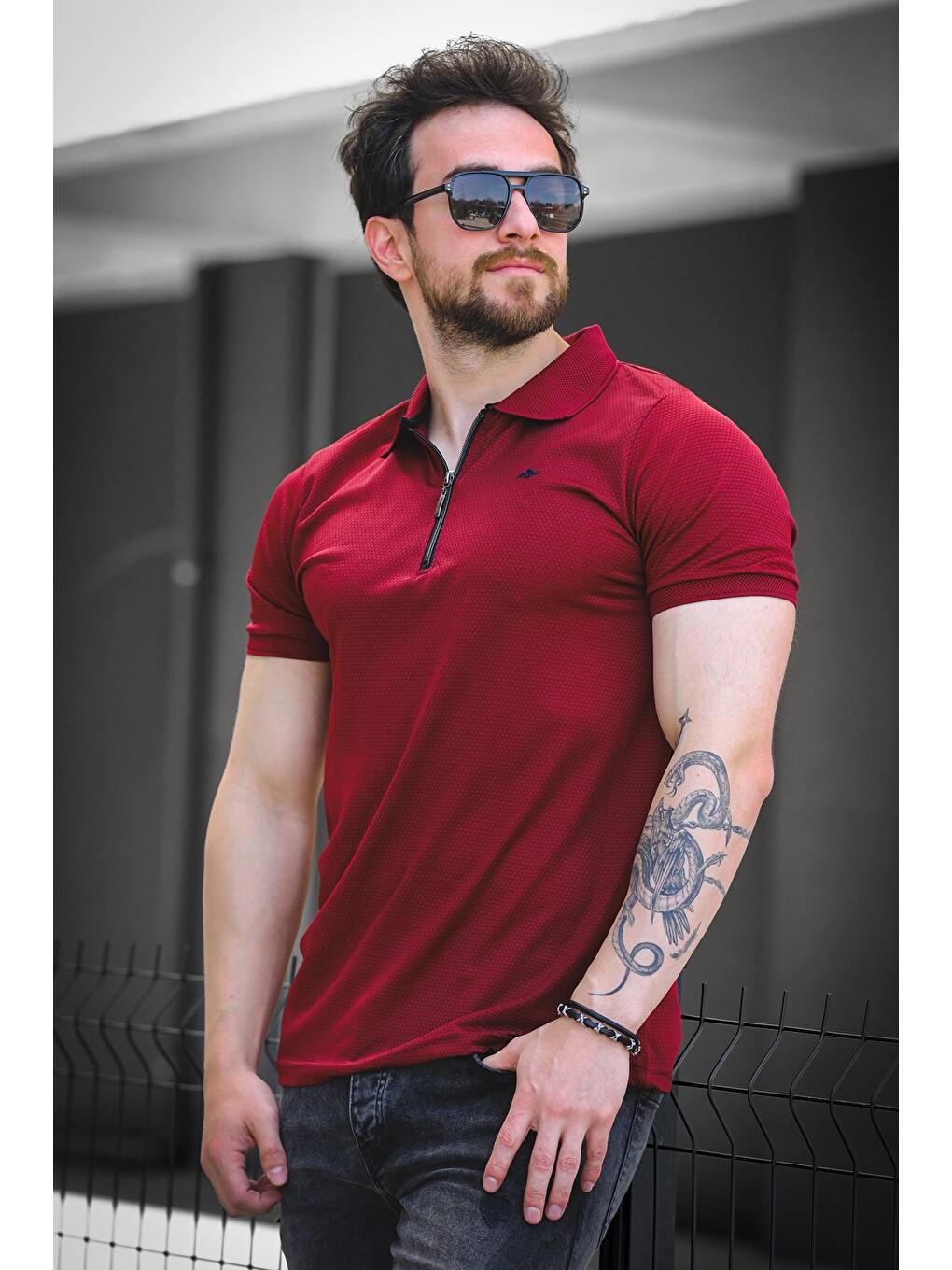 Bordo Zack Polo Yaka Petek Kumaş Yarım Fermuarlı Erkek Tişört