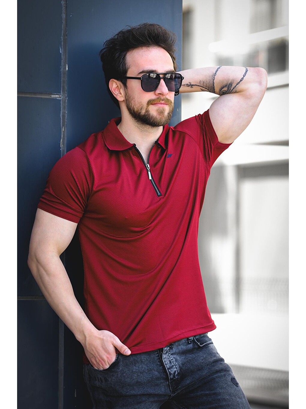 Bordo Zack Polo Yaka Petek Kumaş Yarım Fermuarlı Erkek Tişört-1