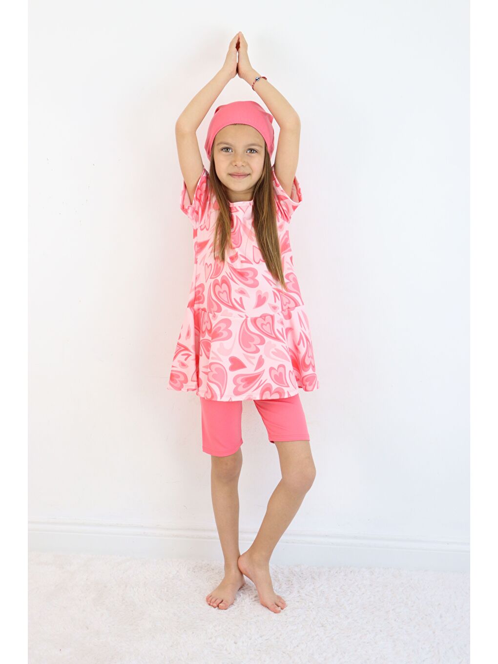 Pembe Kız Çocuk Bisiklet Yaka Etekli Mayo ve Tayt Bone-4