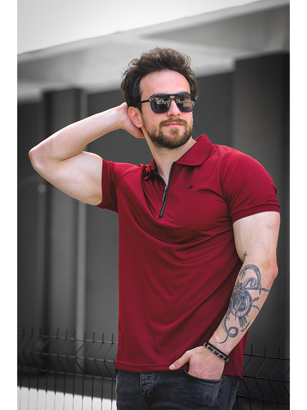 Bordo Zack Polo Yaka Petek Kumaş Yarım Fermuarlı Erkek Tişört-2