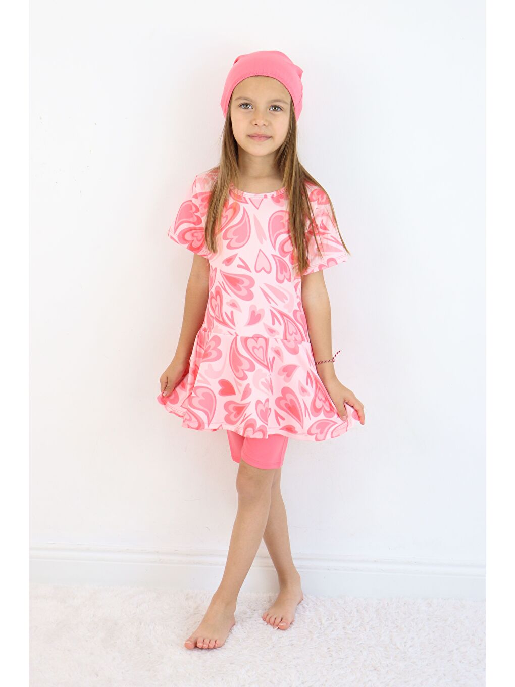 Pembe Kız Çocuk Bisiklet Yaka Etekli Mayo ve Tayt Bone-5