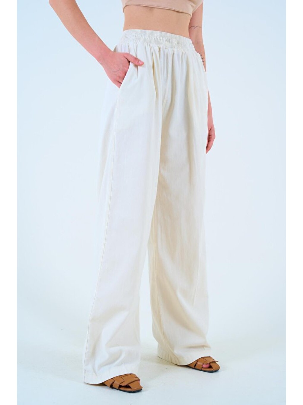 Sarı Beli Lastikli Palazo Pantolon - Taş-2