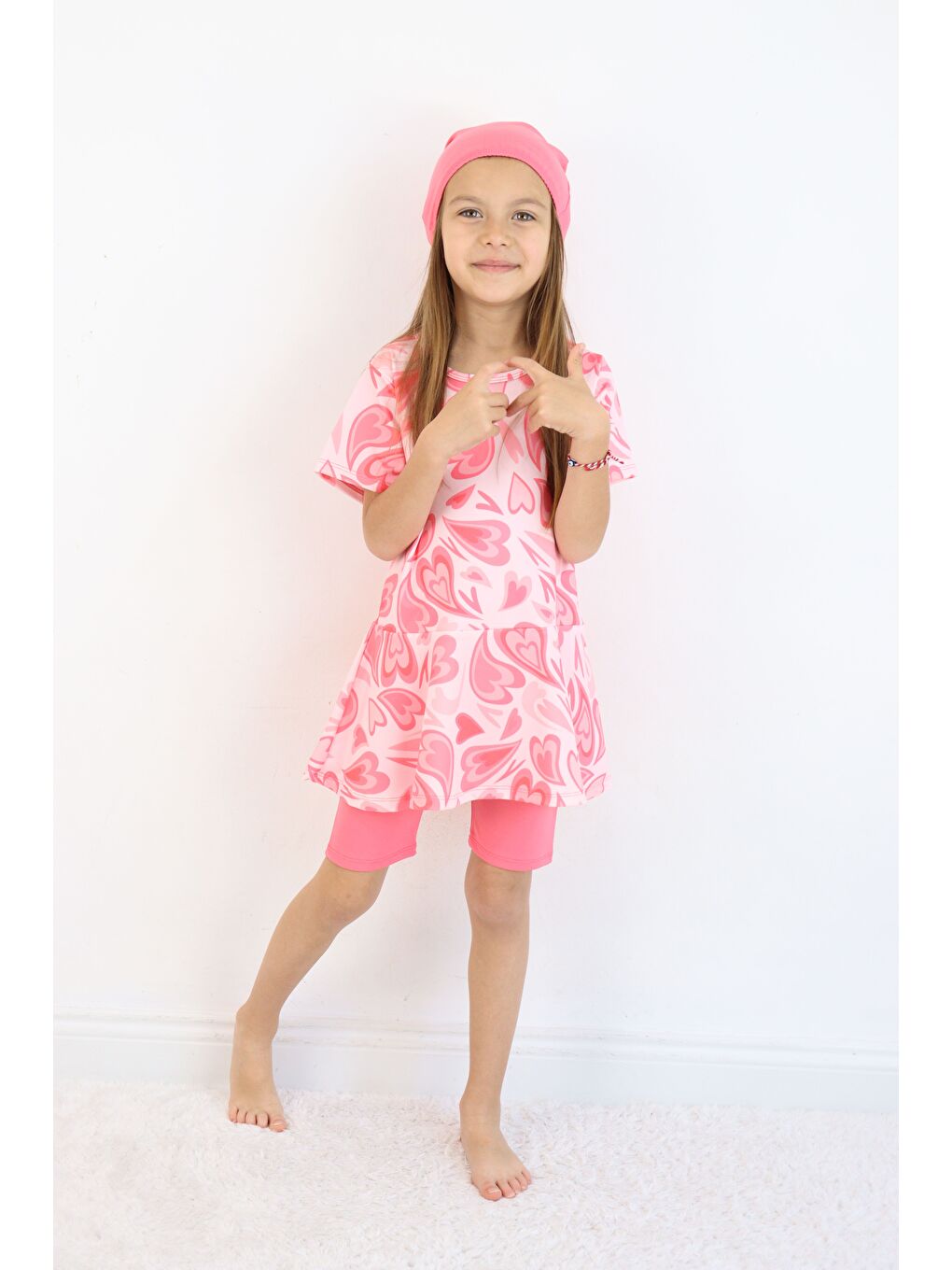 Pembe Kız Çocuk Bisiklet Yaka Etekli Mayo ve Tayt Bone-7