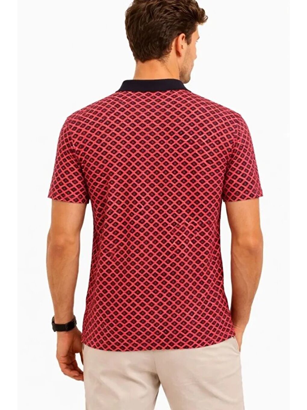 Kırmızı Erkek Pike Kumaş Polo Yaka Desenli Tişört-2