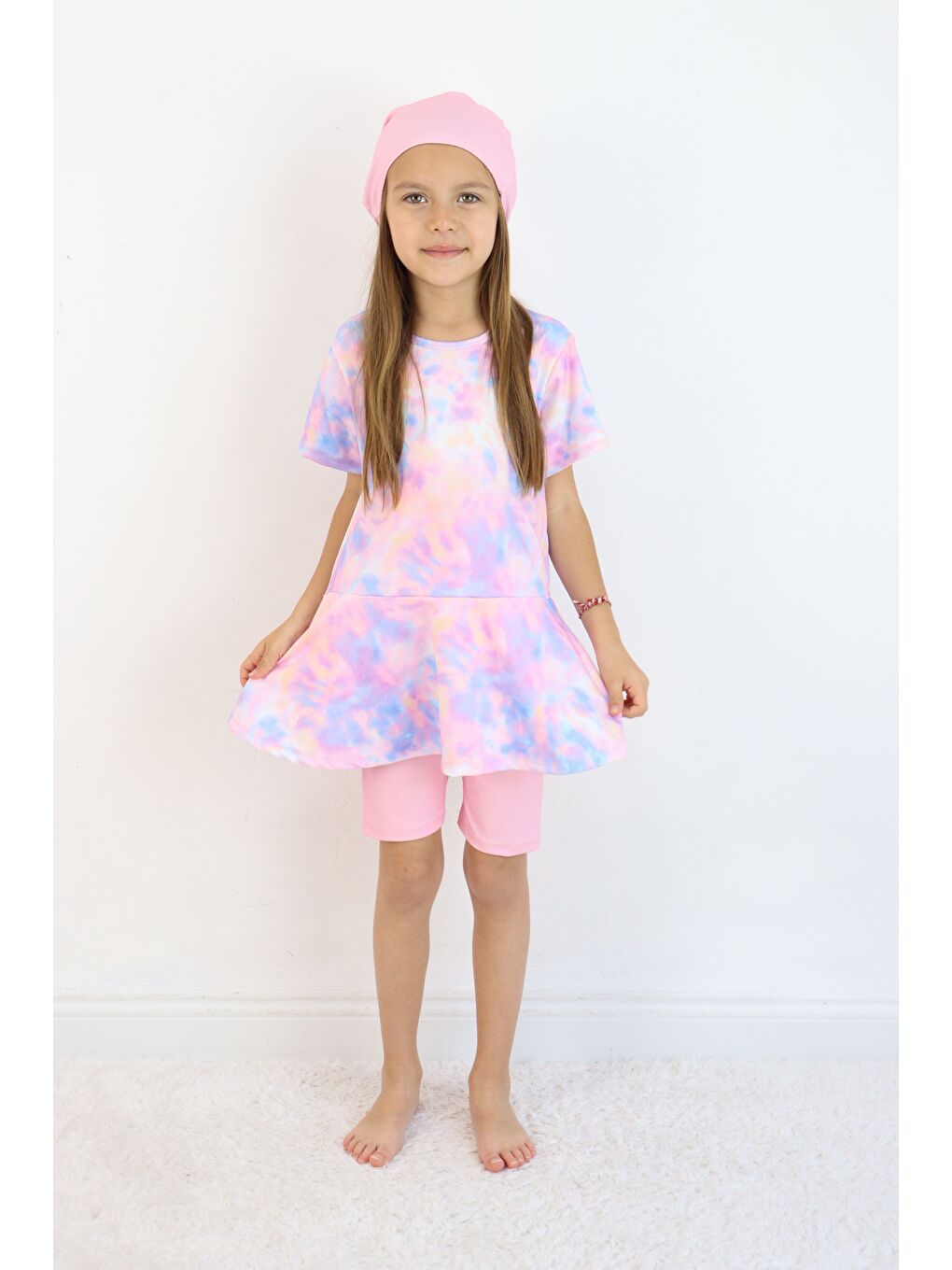 Lila Kız Çocuk Bisiklet Yaka Etekli Mayo ve Tayt Bone-1