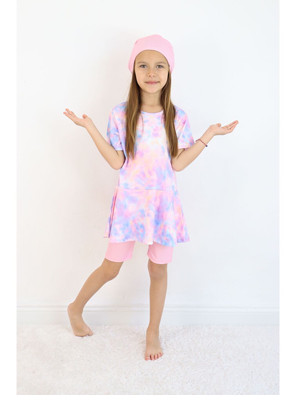 Lila Kız Çocuk Bisiklet Yaka Etekli Mayo ve Tayt Bone-2