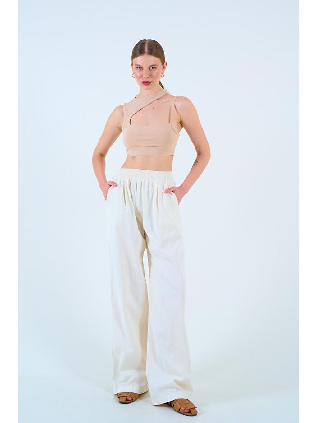 Sarı Beli Lastikli Palazo Pantolon - Taş-4