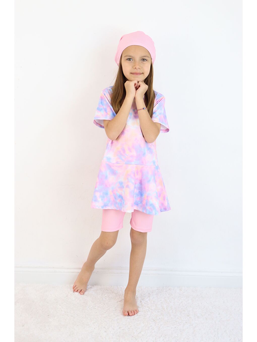 Lila Kız Çocuk Bisiklet Yaka Etekli Mayo ve Tayt Bone-4