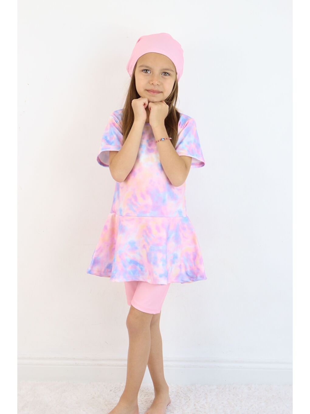 Lila Kız Çocuk Bisiklet Yaka Etekli Mayo ve Tayt Bone-5