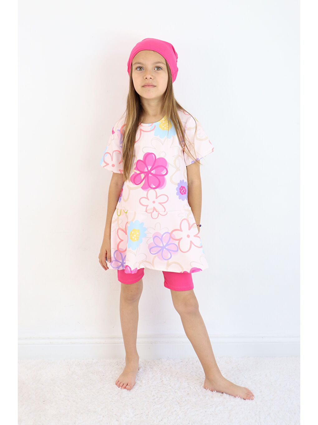 Pembe Kız Çocuk Bisiklet Yaka Etekli Mayo ve Tayt Bone-1